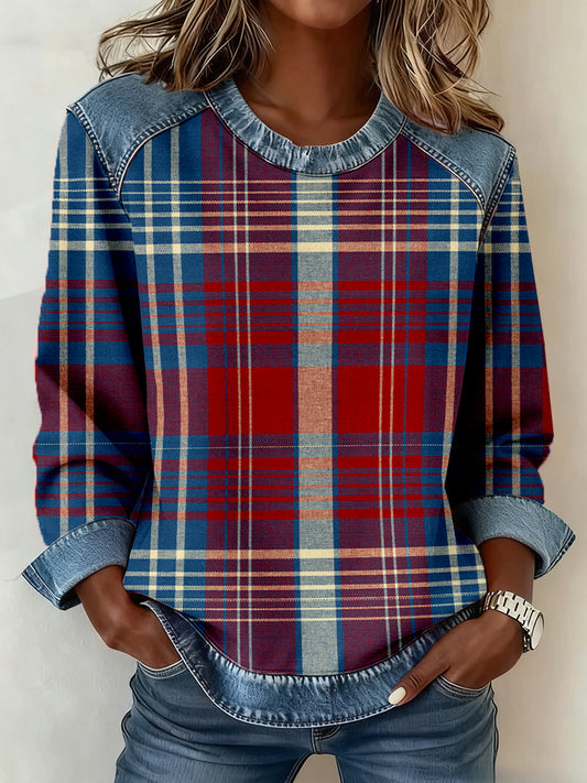Vintage Plaid Pattern Patchwork Art Sweatshirt des femmes