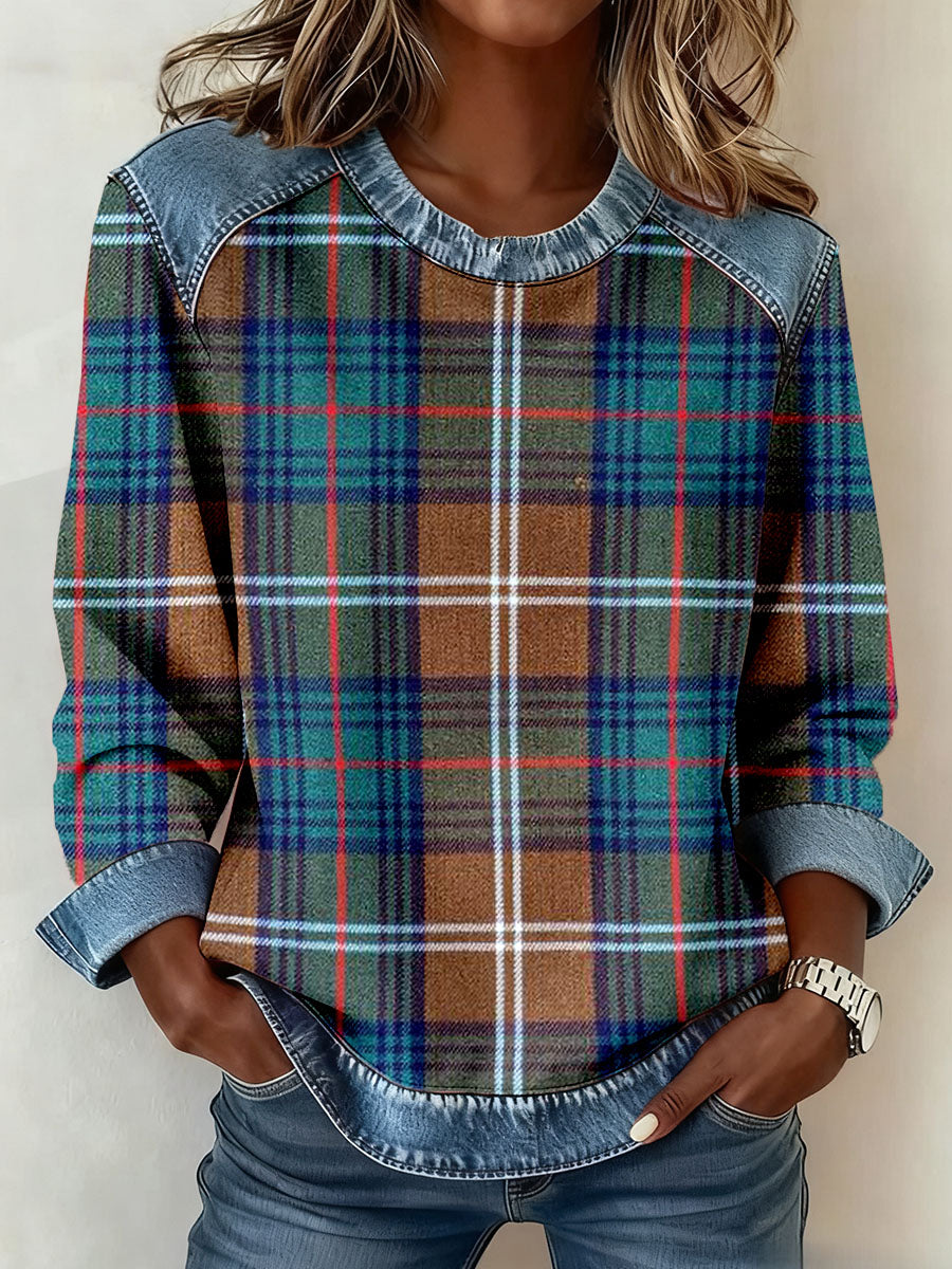 Vintage Plaid Patchwork Sweatshirt des femmes