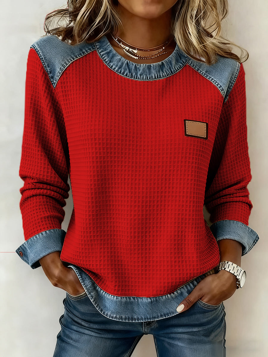 La mode Patchwork Design Waffle Sweatshirt des femmes