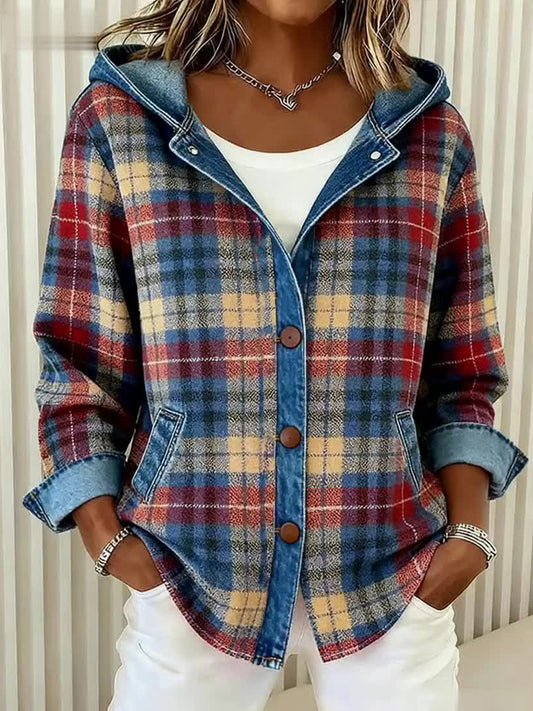 Vintage Plaid Pattern Patchwork Art Cardigan à capuche pour femmes