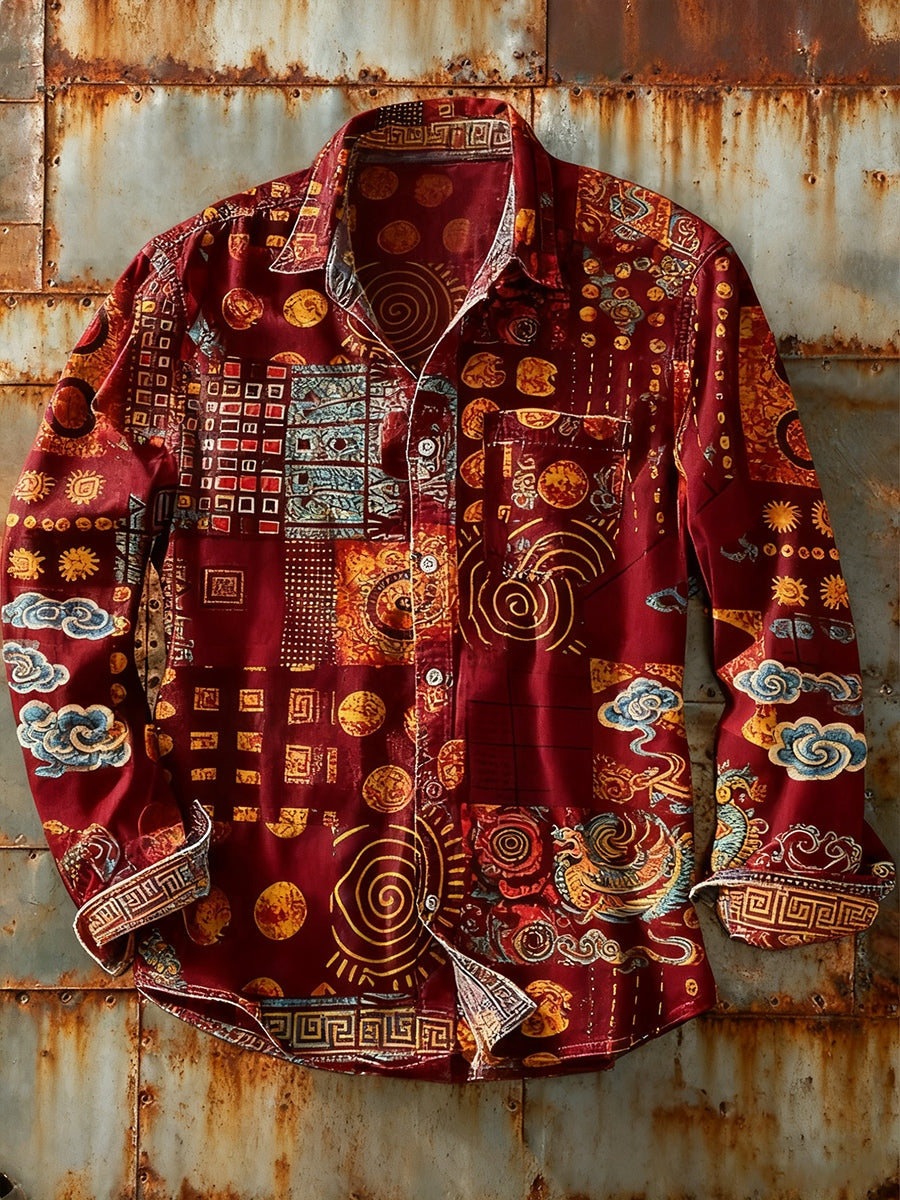 Rétro Art Abstrait Print Casual Chemise à manches longues pour hommes