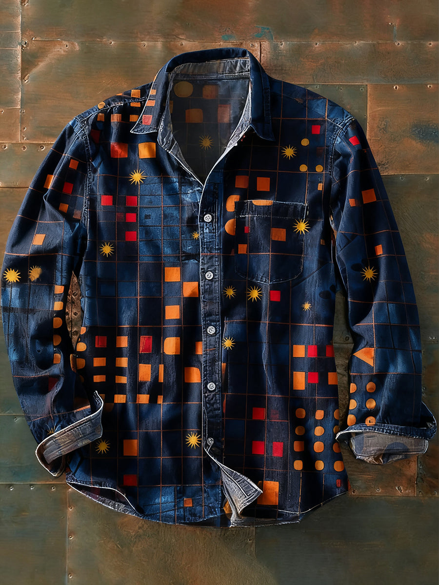 Rétro Art Abstrait Print Casual Chemise à manches longues pour hommes
