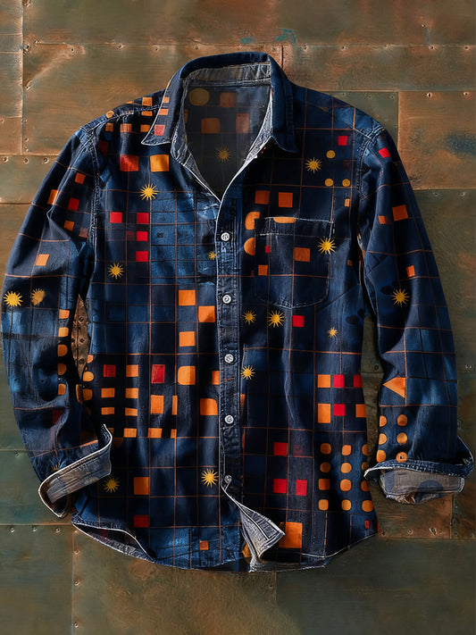 Rétro Art Abstrait Print Casual Chemise à manches longues pour hommes