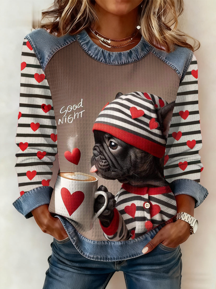 Sweat-shirt décontracté pour femmes mignon hiver chien imprimé chat amoureux