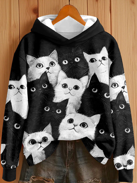 Hoodies noirs et chats blancs imprimés pour femmes