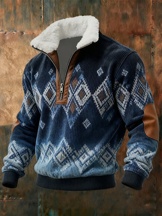 Retro Color Block Print Casual col en fourrure Sweat à capuche zippé pour hommes