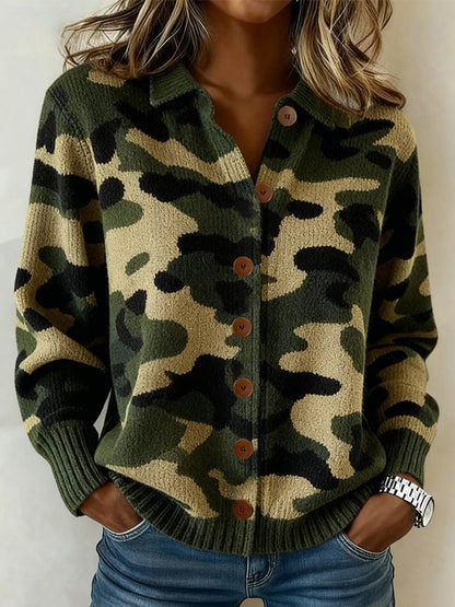 Cardigan en tricot confortable motif de camouflage vintage pour femmes