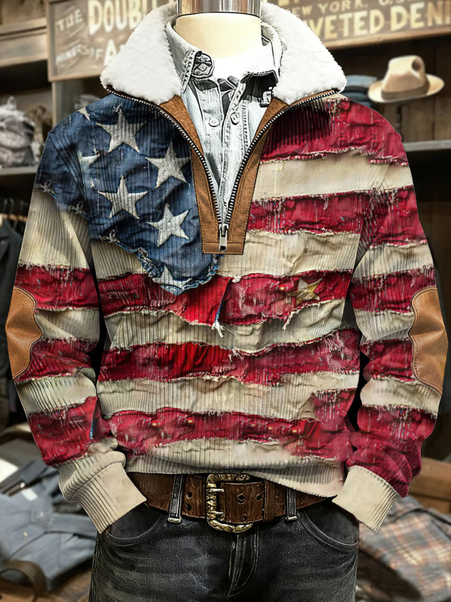 Western Retro Flag Art Print Casual Casual col en fourrure à capuche pour hommes