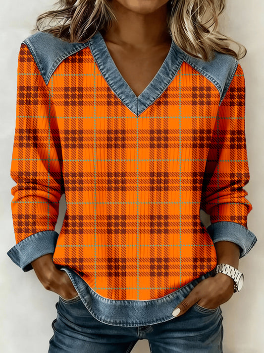 Femmes Automne Motif Plaid Patchwork Art V-Neck Top