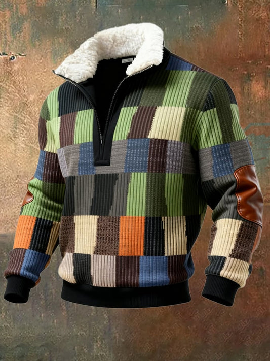 Les hommes de couleur rétro bloc Imprimer Casual col de fourrure Sweatshirt