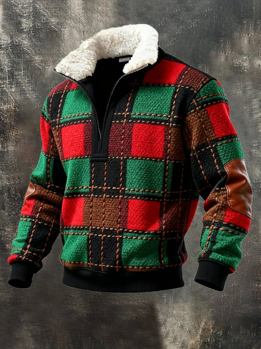 Retro Color Block Imprimer col en fourrure manches longues Sweat-shirt pour hommes