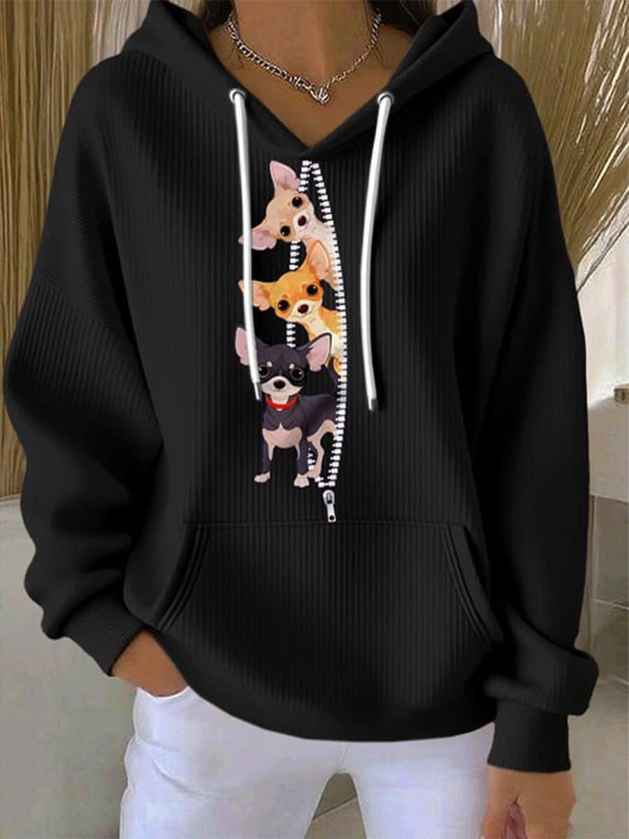 Sweat à capuche décontracté à imprimé chihuahuas pour femmes