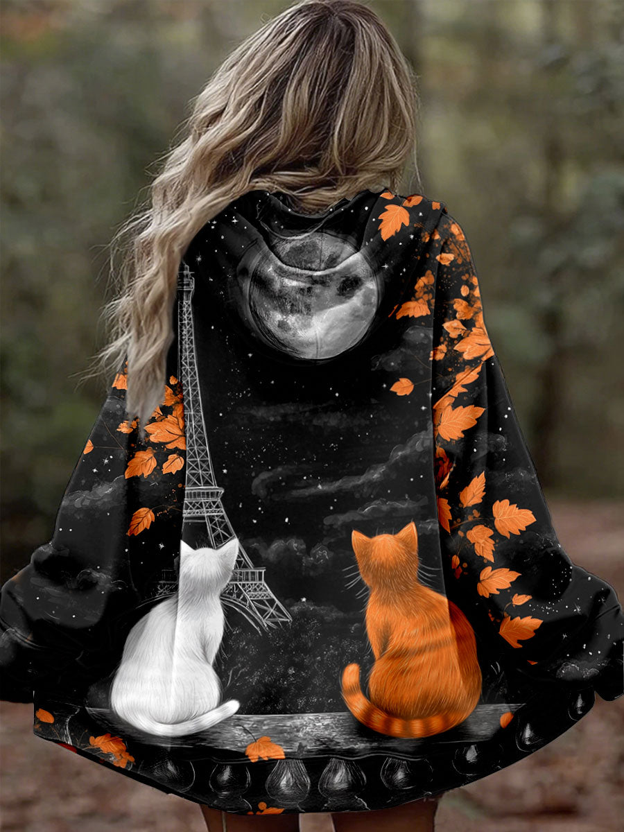 Automne Maple Leaf Cat Print Hooded Vestes Femme