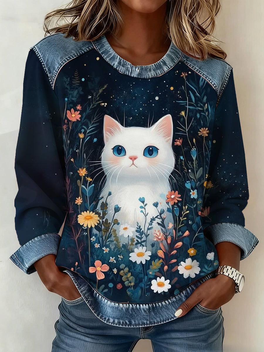 Femmes Plantes Fleurs Chat Motif Patchwork Art Sweatshirt