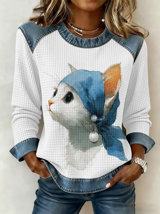 Mignon Chat Imprimé Denim Patchwork Waffle Top des femmes