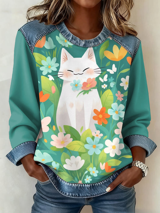 Femmes Plantes Fleurs Chat Motif Patchwork Art Sweatshirt