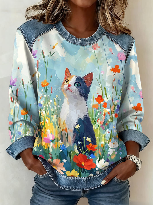 Femmes Plantes Fleurs Chat Motif Patchwork Art Sweatshirt