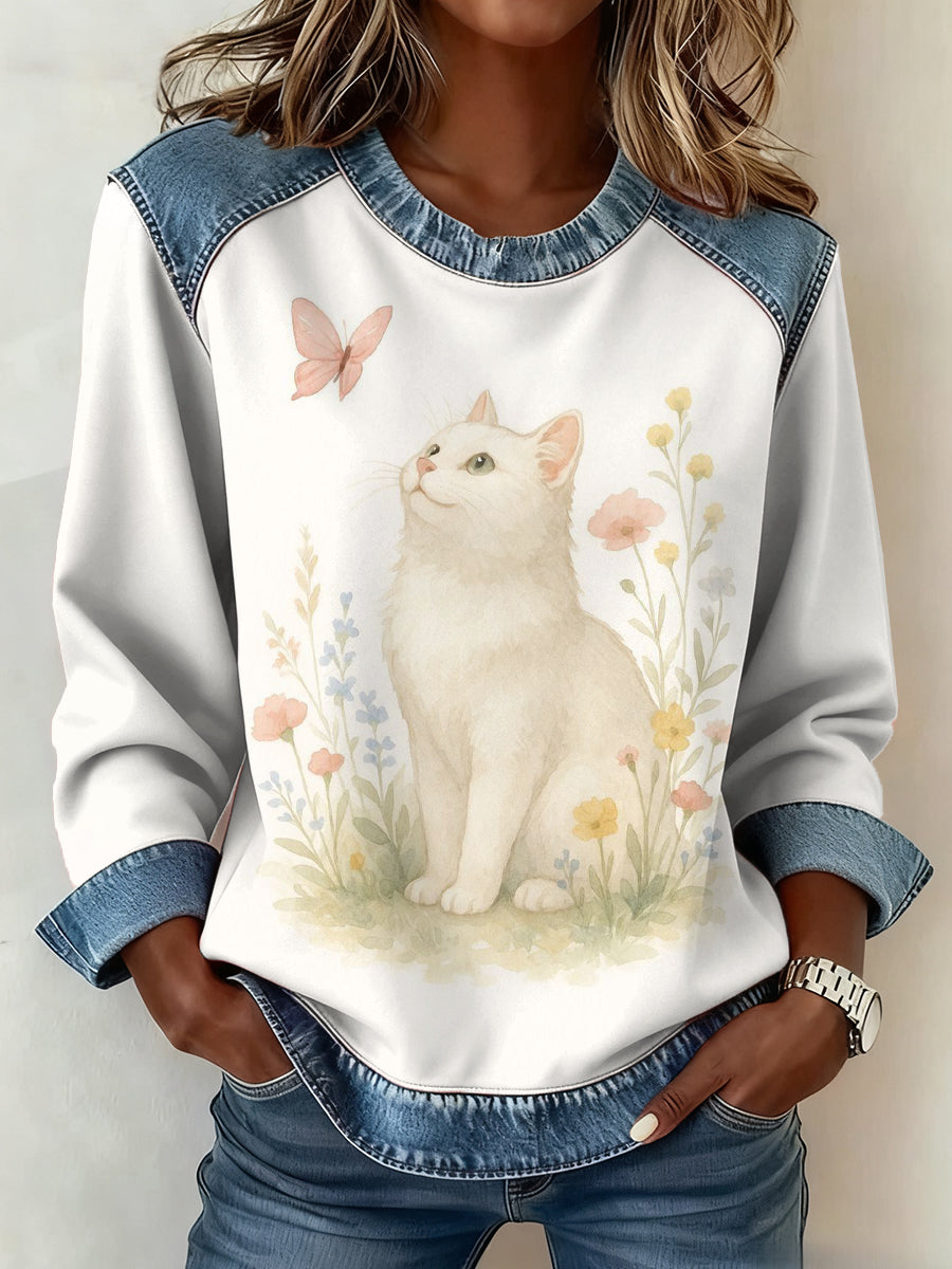 Femmes Plantes Fleurs Chat Motif Patchwork Art Sweatshirt