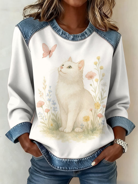 Femmes Plantes Fleurs Chat Motif Patchwork Art Sweatshirt