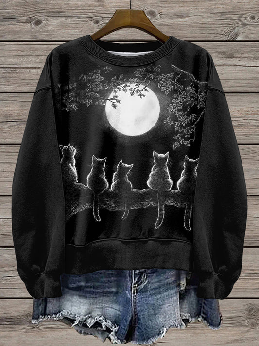 Sweat-shirt Femme Imprimé Lune Et Chats