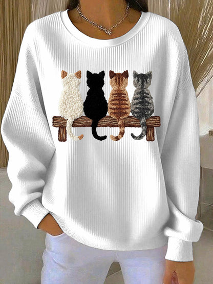 Sweat-shirt Femme Quatre adorables chat silhouette imprimé côtelé Col Rond