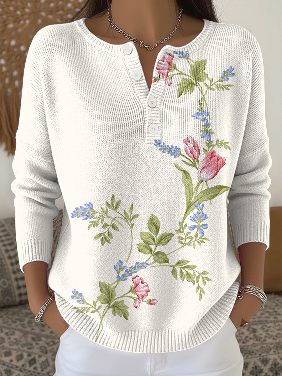 Haut en tricot imprimé fleurs plantes pour femmes