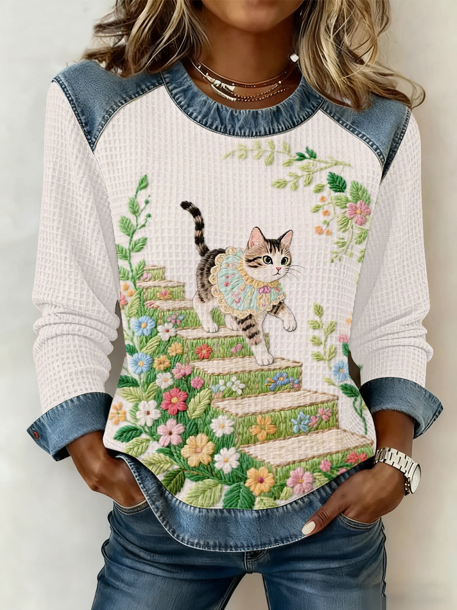 Mignon Chat Imprimé Denim Patchwork Waffle Top des femmes