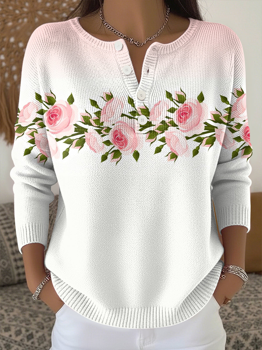 Haut en tricot imprimé fleurs plantes pour femmes