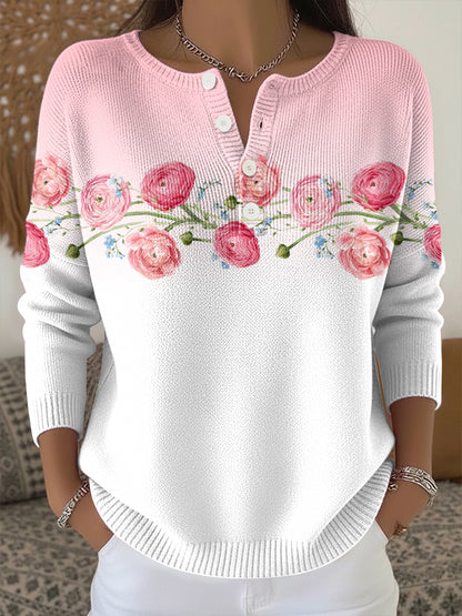 Haut en tricot imprimé fleurs plantes pour femmes