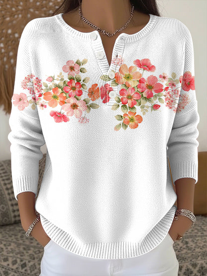 Haut en tricot imprimé fleurs plantes pour femmes