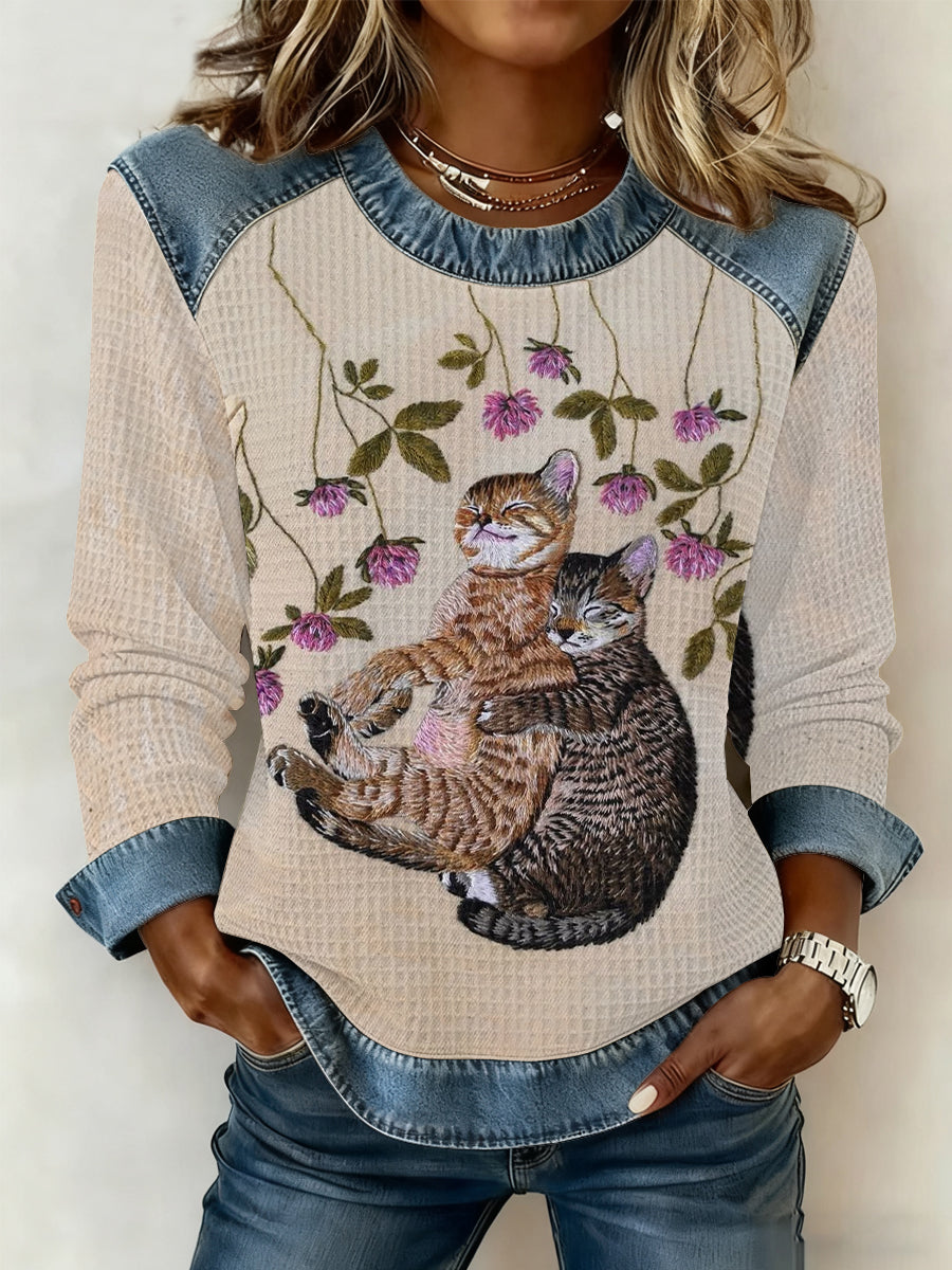 Mignon Chat Imprimé Denim Patchwork Waffle Top des femmes