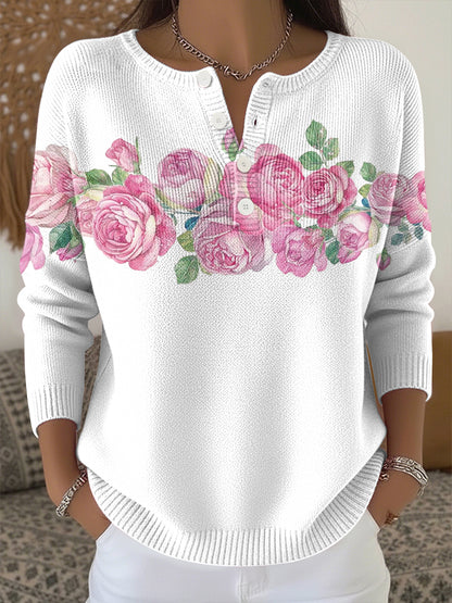 Haut en tricot imprimé fleurs plantes pour femmes