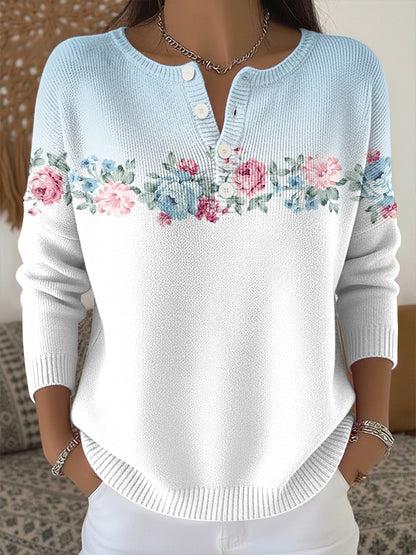 Haut en tricot imprimé fleurs plantes pour femmes