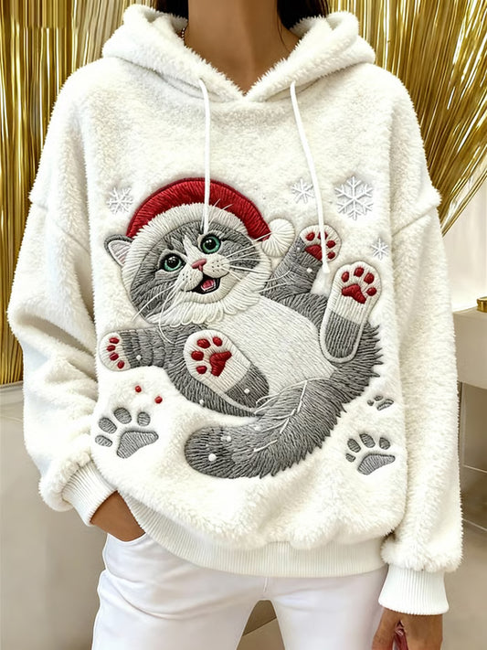 Mignon de Noël Cat Art Print Casual Flanelle Hoodie des femmes