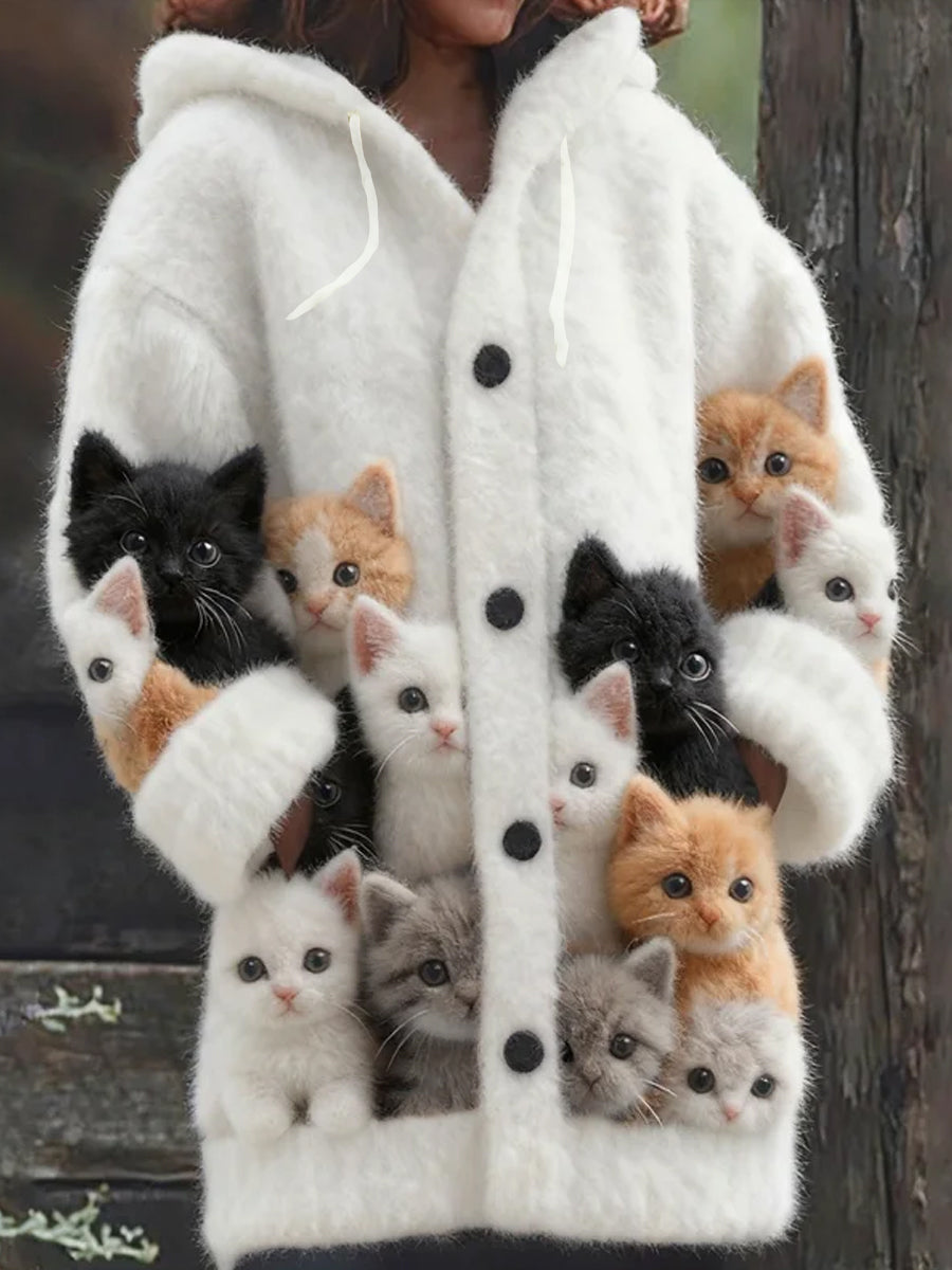 Cardigan à capuche tricoté à imprimé animal rétro pour femmes