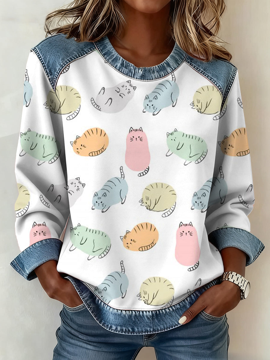 Motif Animal Mignon Patchwork Art Sweatshirt des femmes