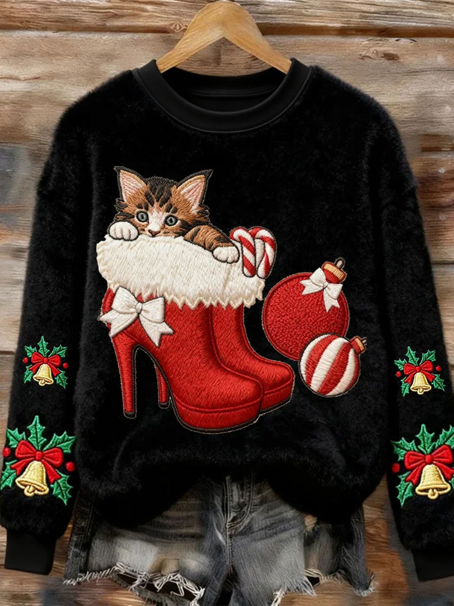 Sweat-shirt en flanelle art chat mignon de Noël pour femmes