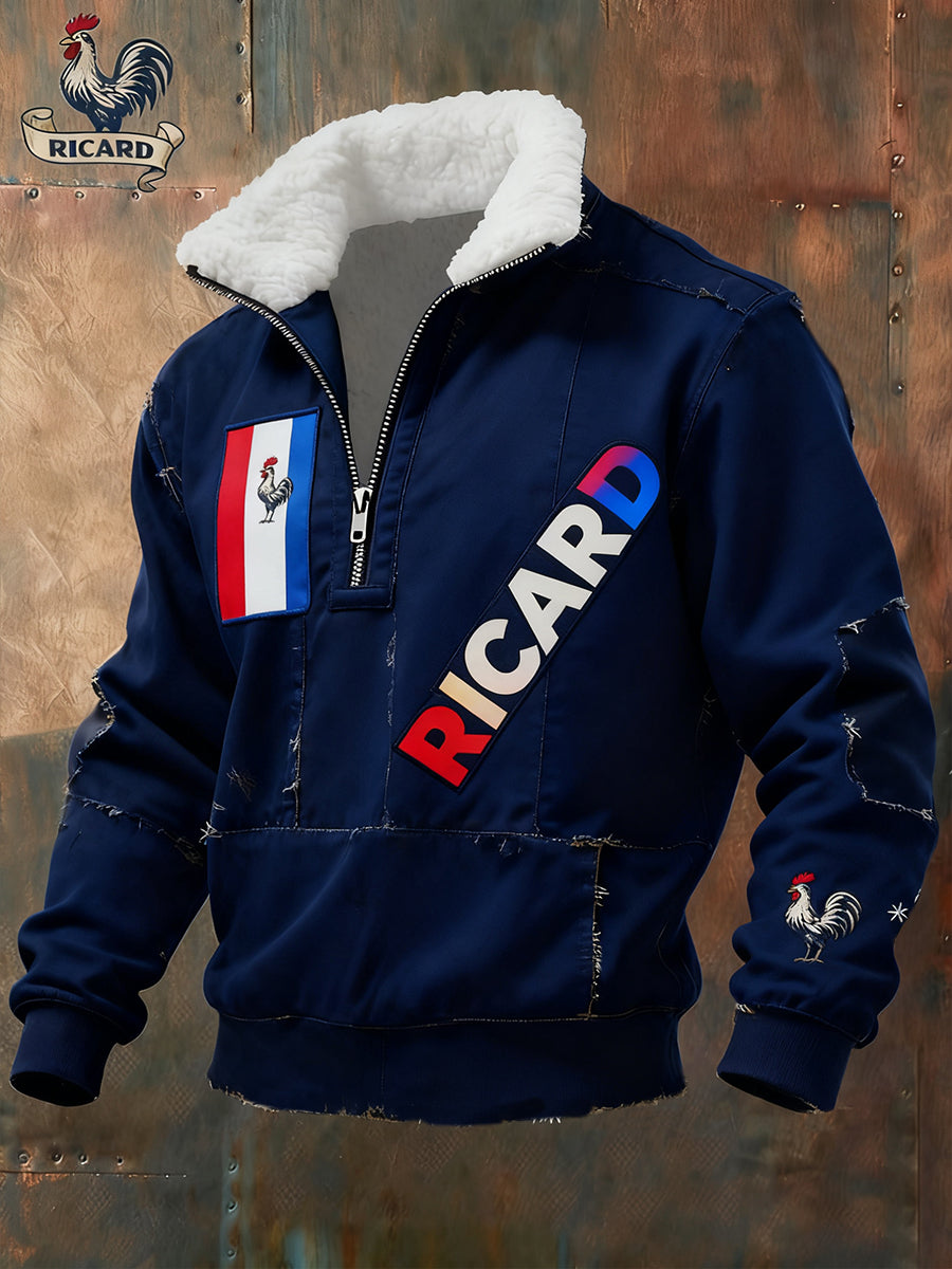 Sweat-shirt à col en fourrure zippé décontracté Ricard pour homme, drapeau français vintage