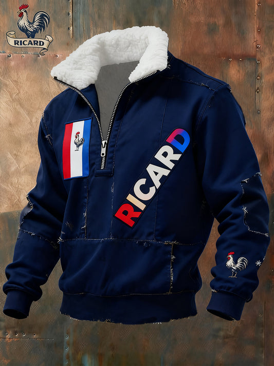 Sweat-shirt à col en fourrure zippé décontracté Ricard pour homme, drapeau français vintage