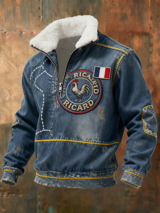 Sweat-shirt à col en fourrure zippé décontracté Ricard pour homme, drapeau français vintage