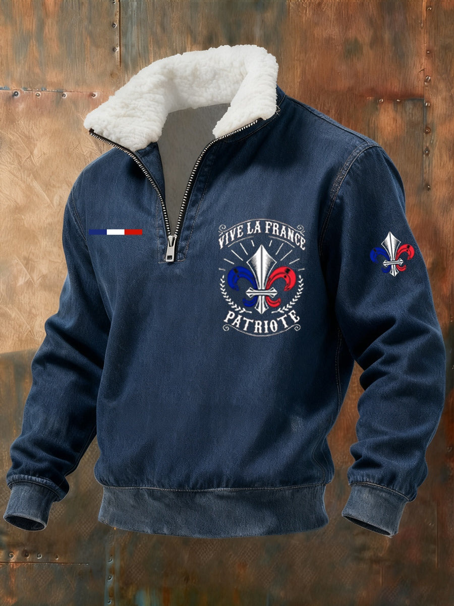Sweat-shirt à col en fourrure zippé décontracté Ricard pour homme, drapeau français vintage