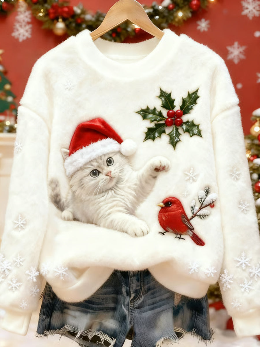 Pull en flanelle décontracté à imprimé d'art chat de Noël pour femmes