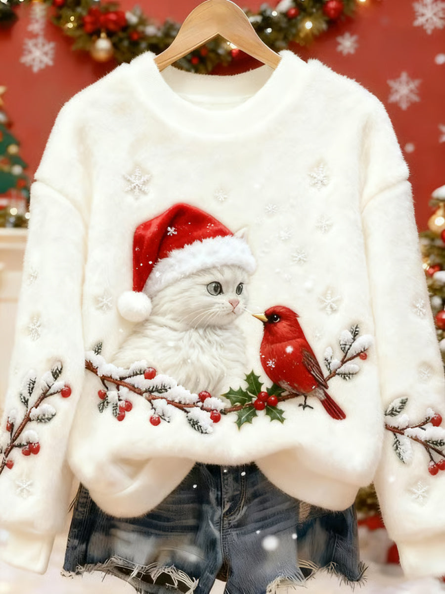 Pull en flanelle décontracté à imprimé d'art chat de Noël pour femmes