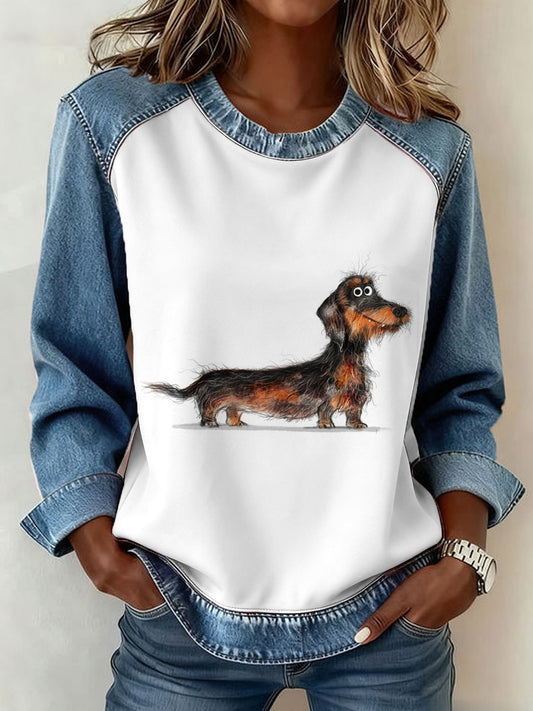 Le chien mignon des femmes Denim Patchwork Top