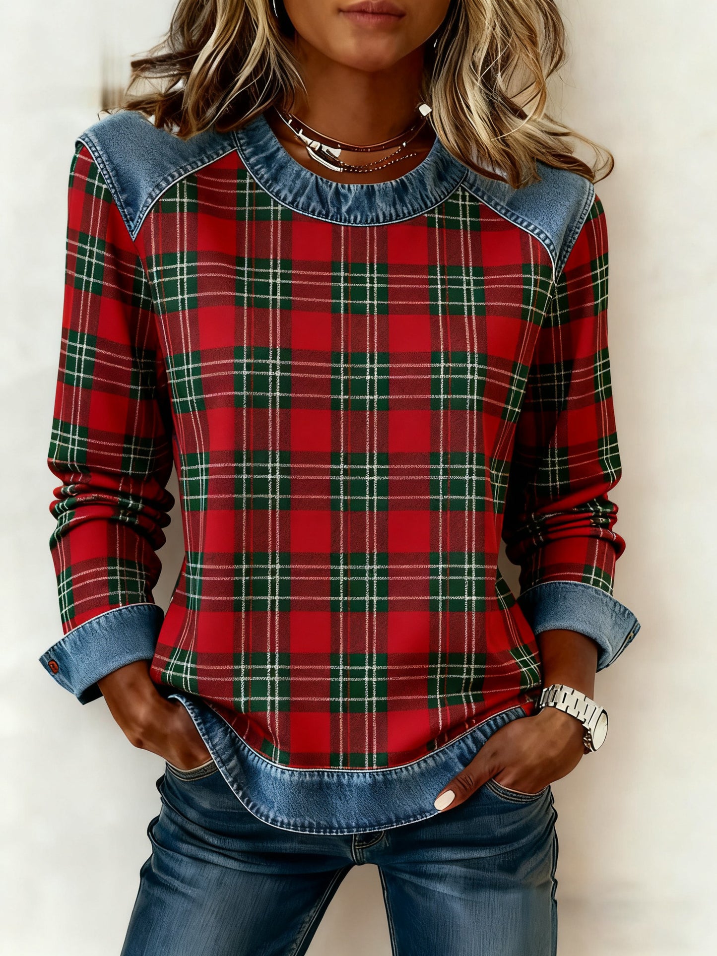 Vintage Casual Checkered Denim Patchwork Sweatshirt des femmes