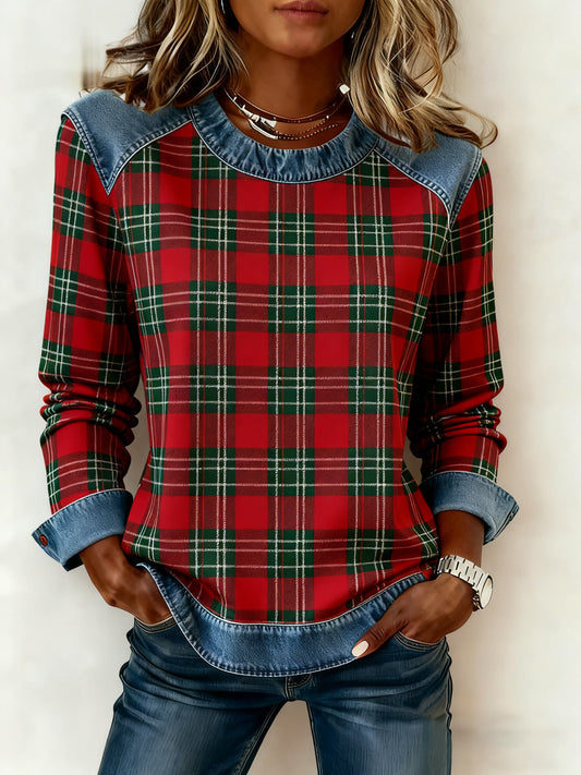 Vintage Casual Checkered Denim Patchwork Sweatshirt des femmes
