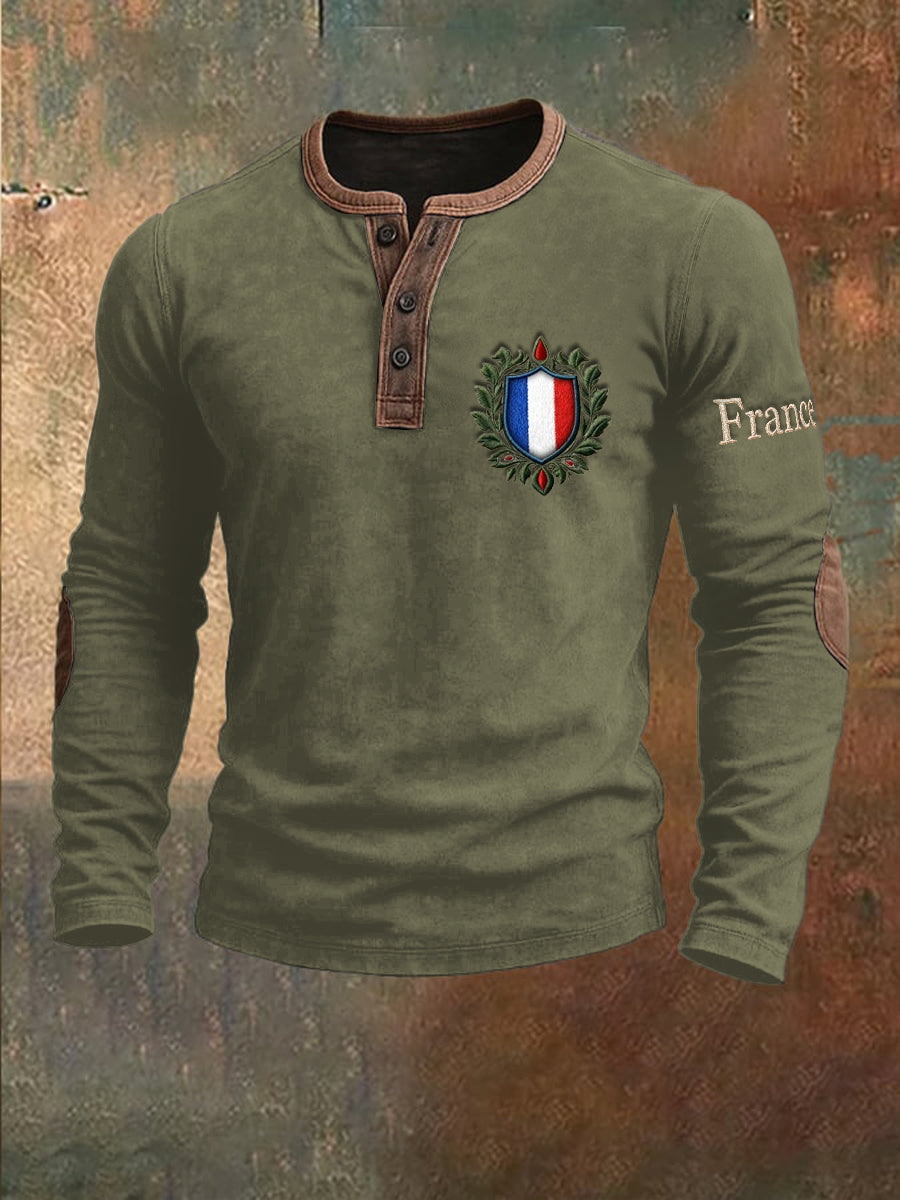 Henley à manches longues Patchwork de drapeau français vert armée pour homme