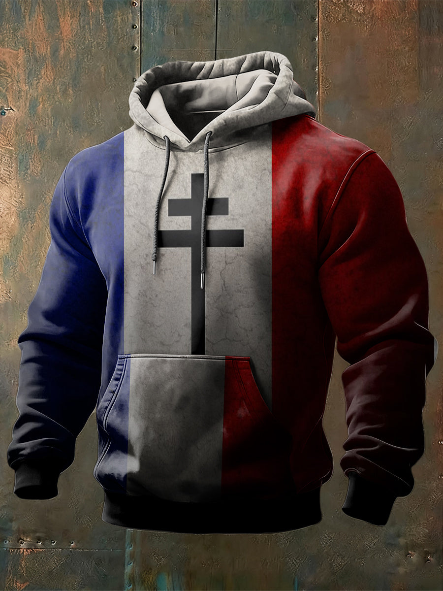 Sweat-shirt à capuche vintage drapeau français pour hommes