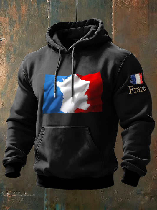 Sweat Homme Drapeau Français Noir À Capuche