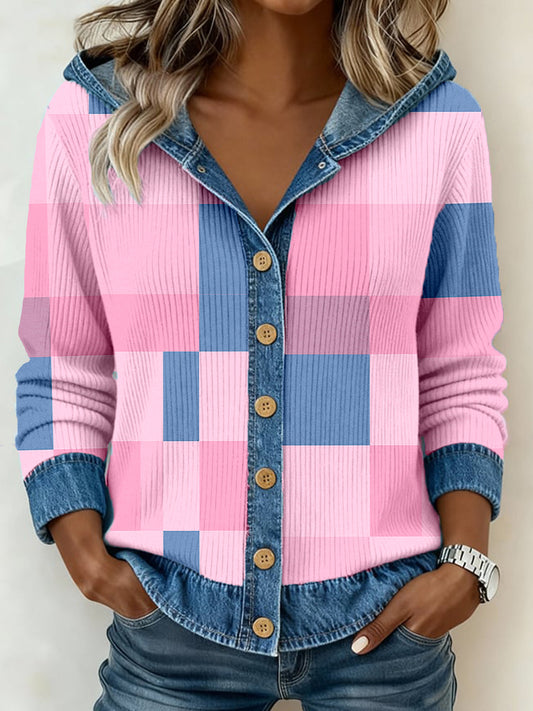 Motif Plaid Rose et Bleu Patchwork Art des femmes Cardigan à capuche